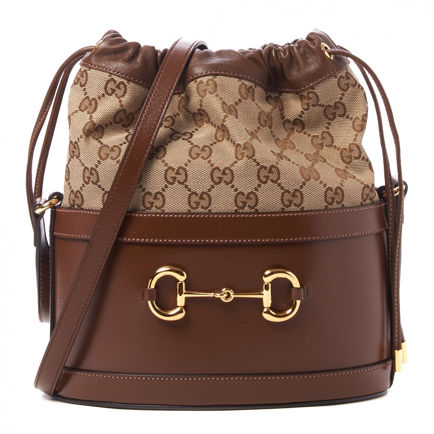 Gucci Monogram Textured Calfskin Horsebit 1955 Drawstring Bucket Bag Beige Brown Sugar 1 of 9