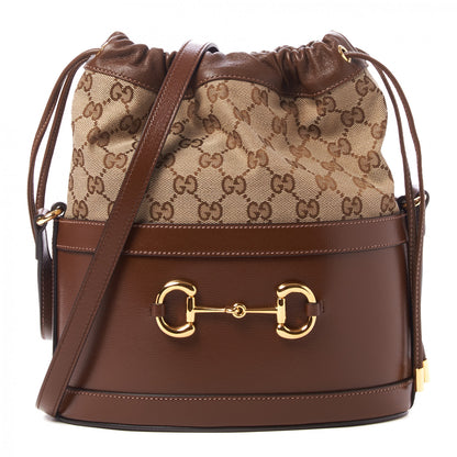 Gucci Monogram Textured Calfskin Horsebit 1955 Drawstring Bucket Bag Beige Brown Sugar 1 of 9