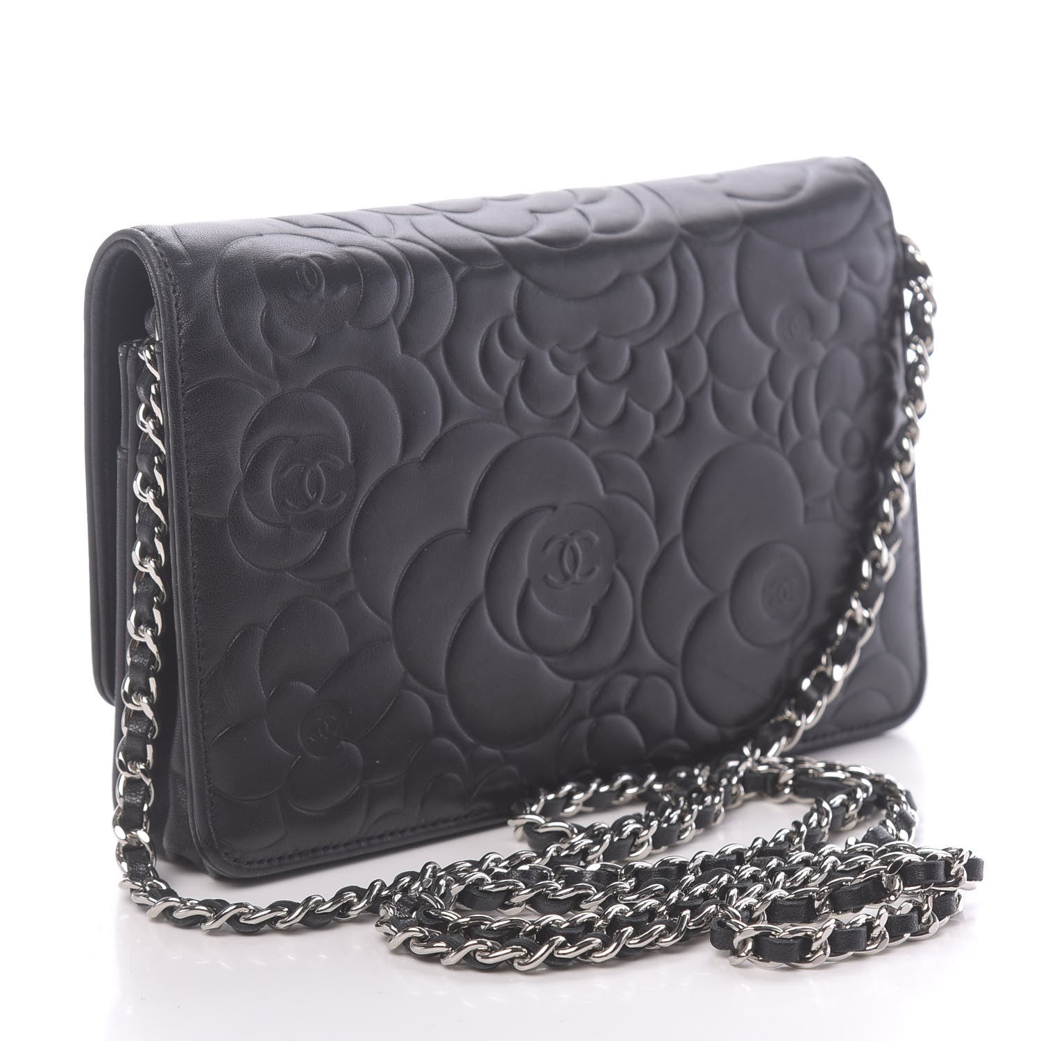 Chanel Lambskin Camellia Embossed Wallet on Chain WOC Black 3 of 12