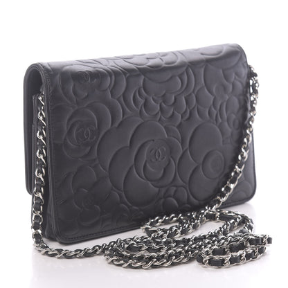 Chanel Lambskin Camellia Embossed Wallet on Chain WOC Black 3 of 12