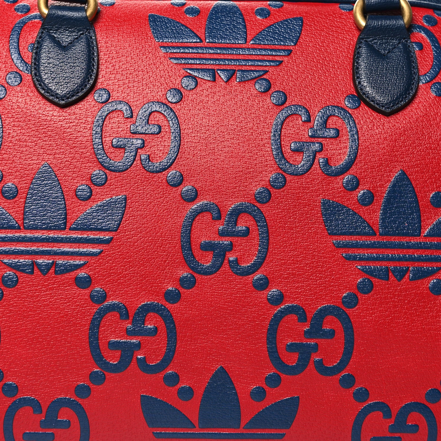 Gucci X ADIDAS Canvas Textured Dollar Calfskin Web GG Monogram Trefoil Large Bowling Bag Hibiscus Red  Blue Navy 7 of 11