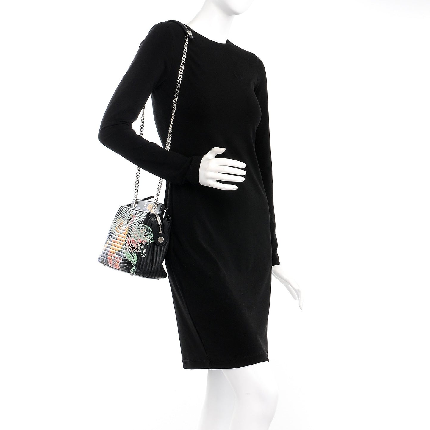 Calfskin Trapuntata Floral Small DotCom Click Chain Satchel Black Multicolor