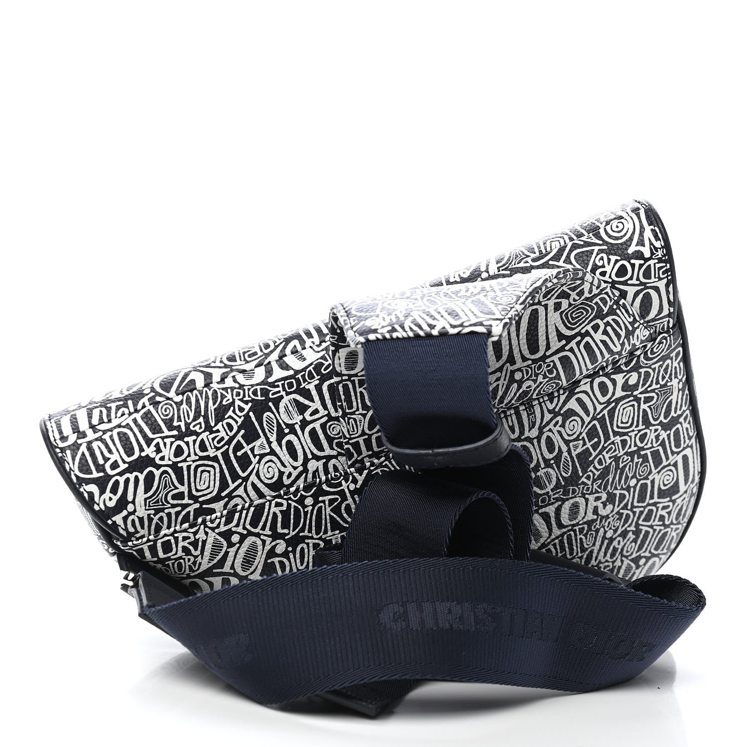 Christian Dior X SHAWN STUSSY Grained Calfskin Printed Mens Saddle Bag Navy Blue 3 of 9