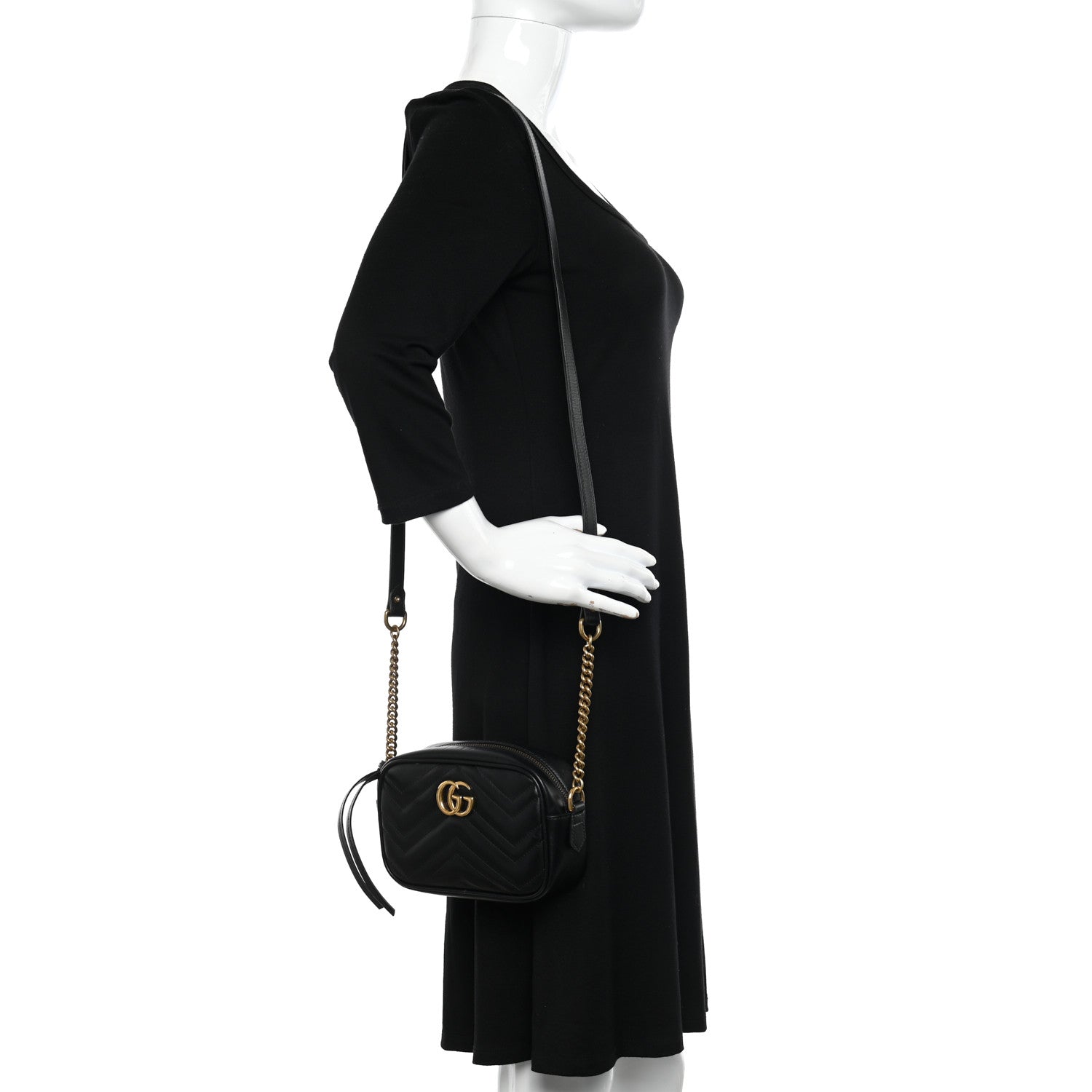 Gucci Calfskin Matelasse Mini GG Marmont Chain Shoulder Bag Black 2 of 11