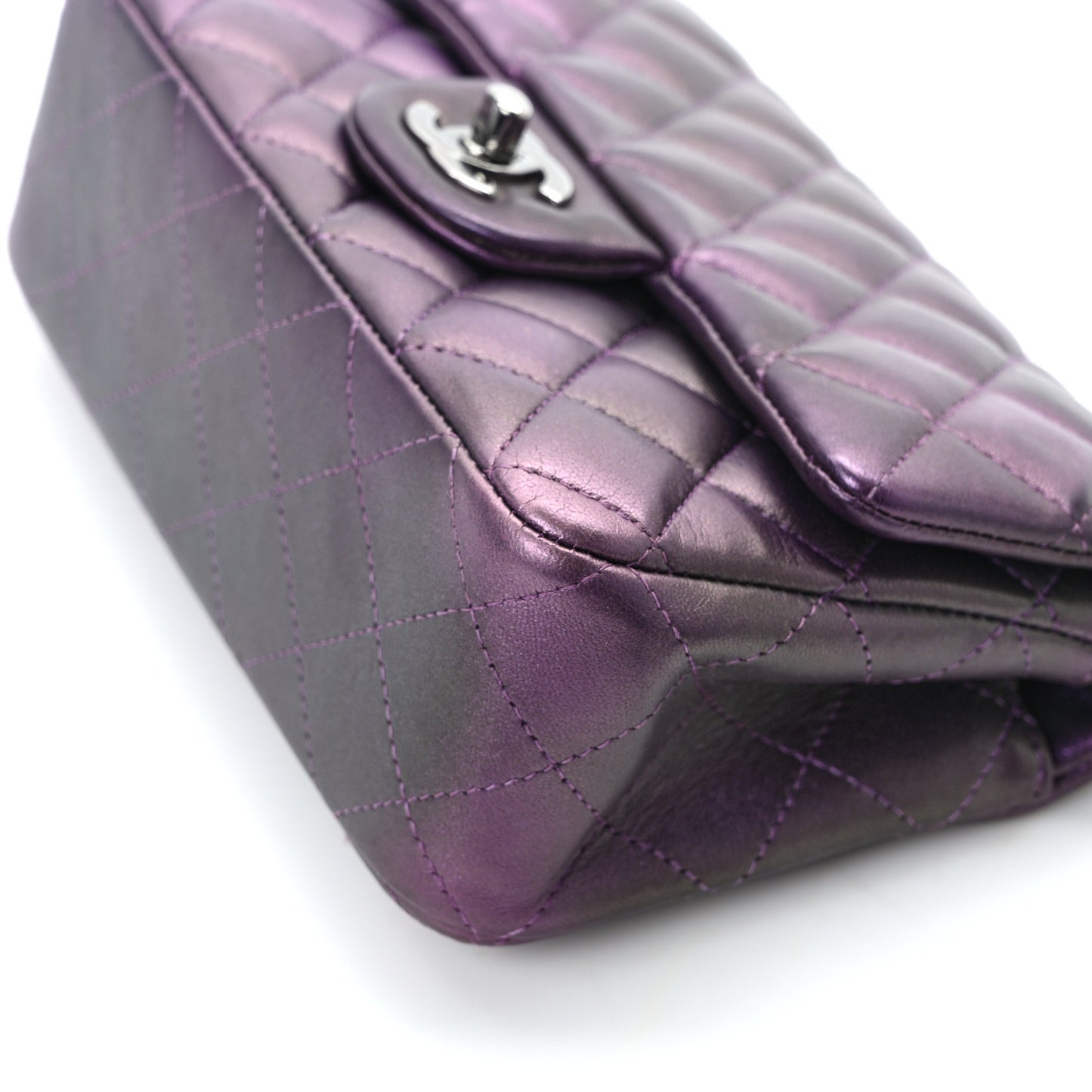 Iridescent Lambskin Quilted Mini Rectangular Flap Dark Purple