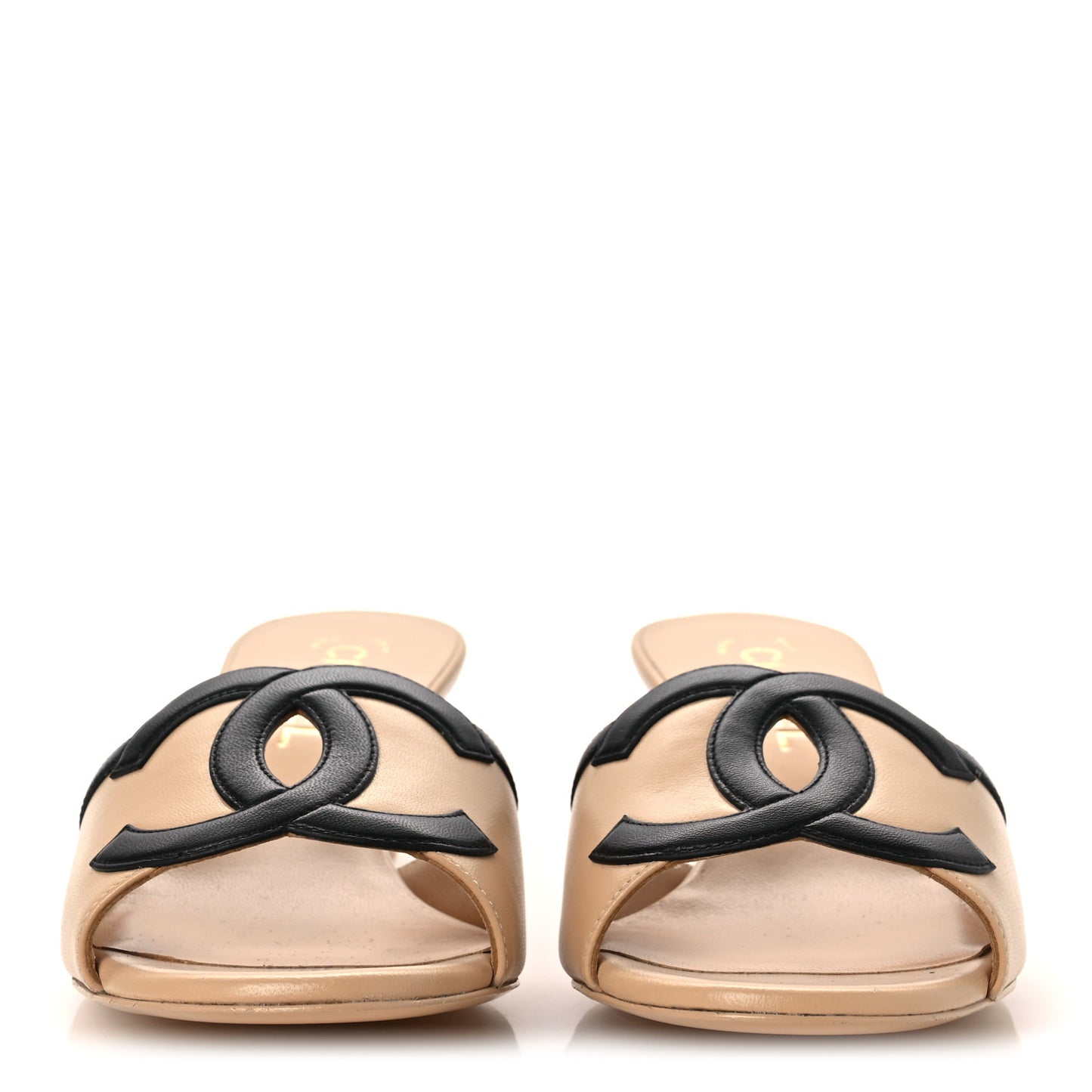 Lambskin CC Cutout Mules 38.5 Beige Black