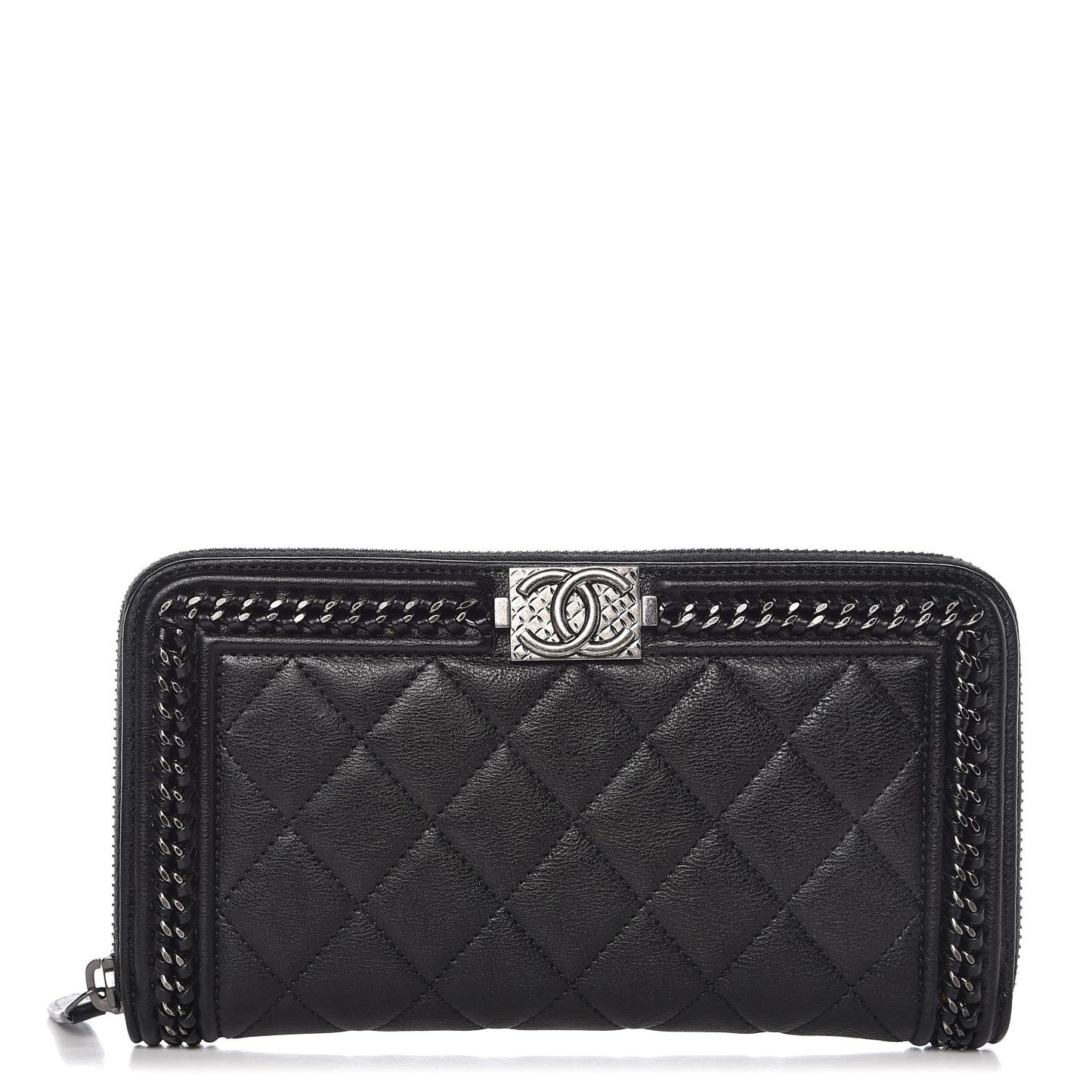 Calfskin Quilted Boy Chain Large Gusset Zip Around Wallet Black