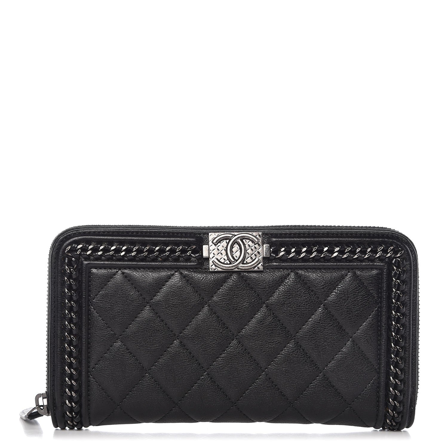 Chanel Calfskin Quilted Boy Chain Large Gusset Zip Around Wallet Black 1 of 9