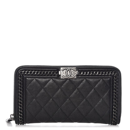 Chanel Calfskin Quilted Boy Chain Large Gusset Zip Around Wallet Black 1 of 9