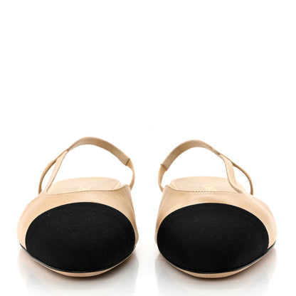 Chanel Lambskin Grosgrain Cap Toe CC Slingback Sandals 40.5 Beige Black 2 of 8