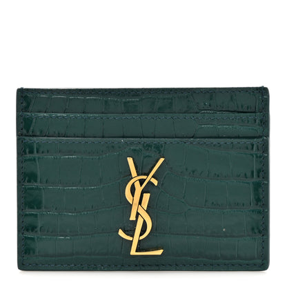 Saint Laurent Calfskin Crocodile Embossed Monogram Credit Card Case Foliage Green 1 of 8