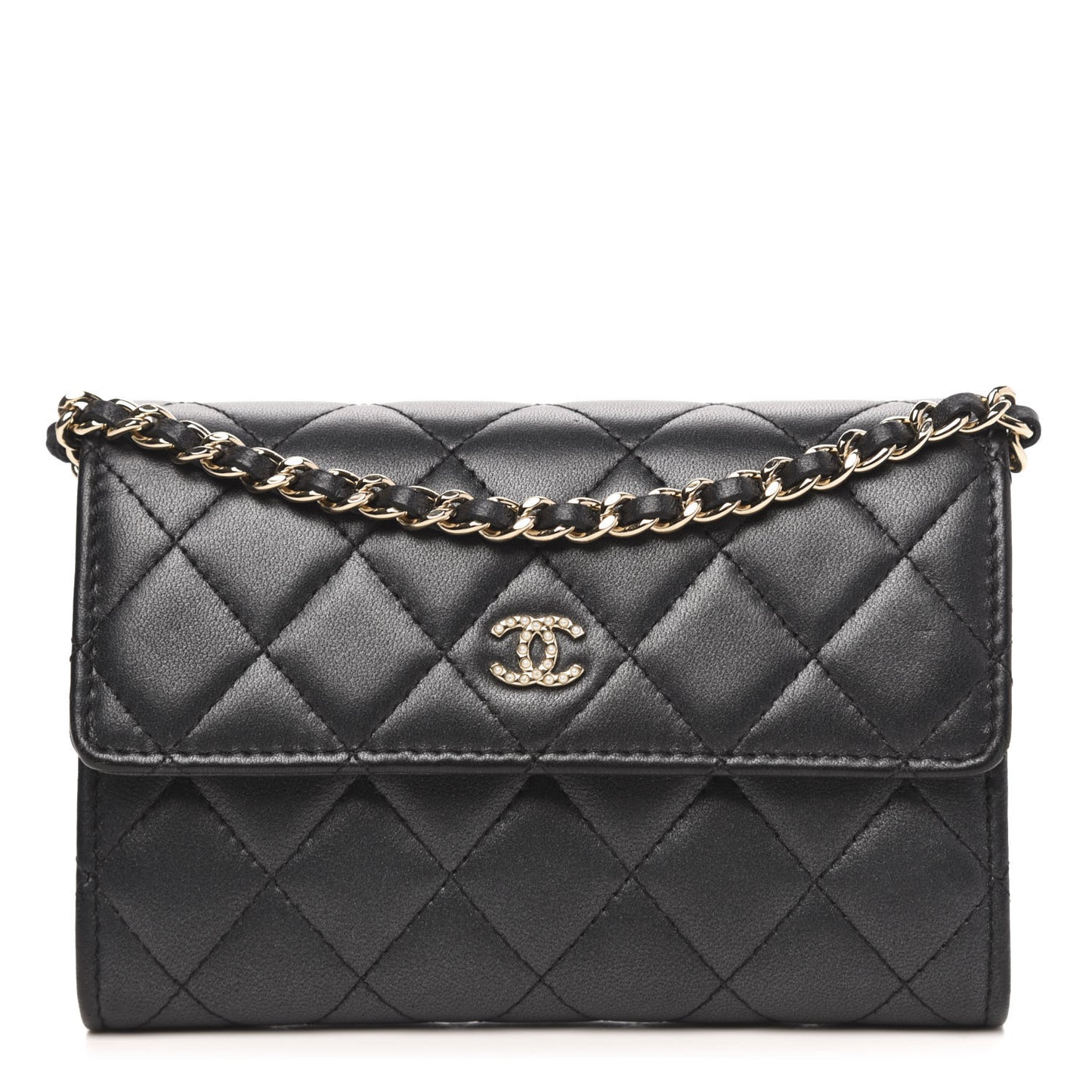 Lambskin Quilted Pearl Clutch With Chain Black