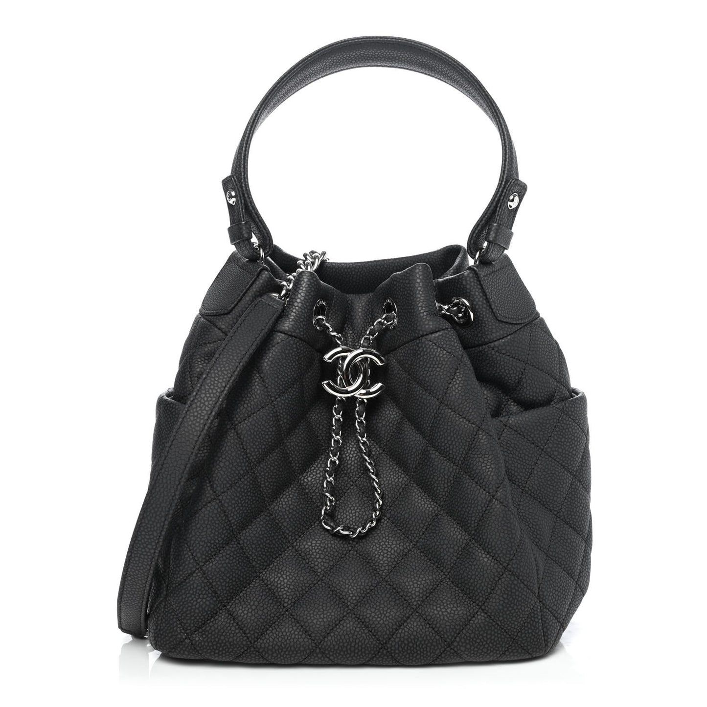 Caviar Flat Quilted CC Chain Bucket Drawstring Bag Black