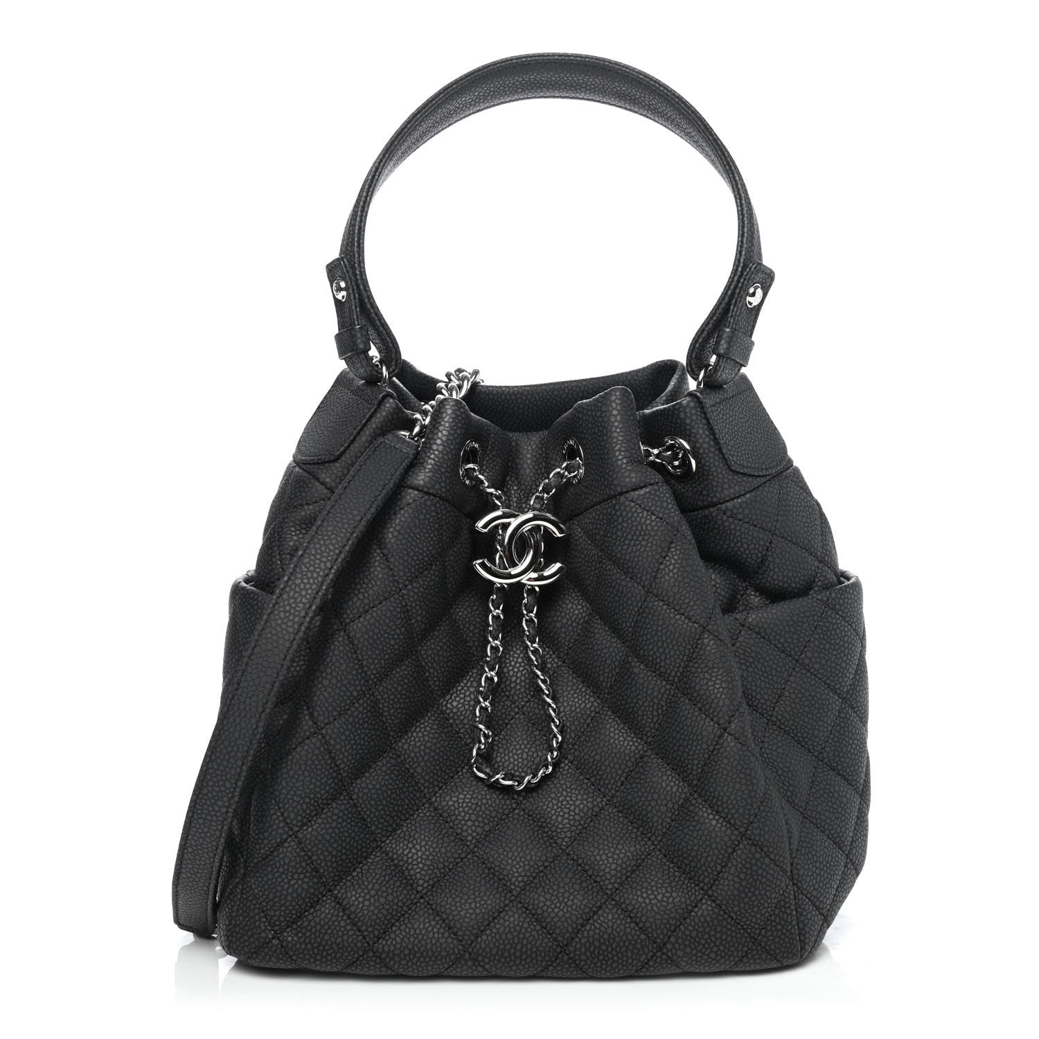 Chanel Caviar Flat Quilted CC Chain Bucket Drawstring Bag Black 1 of 4