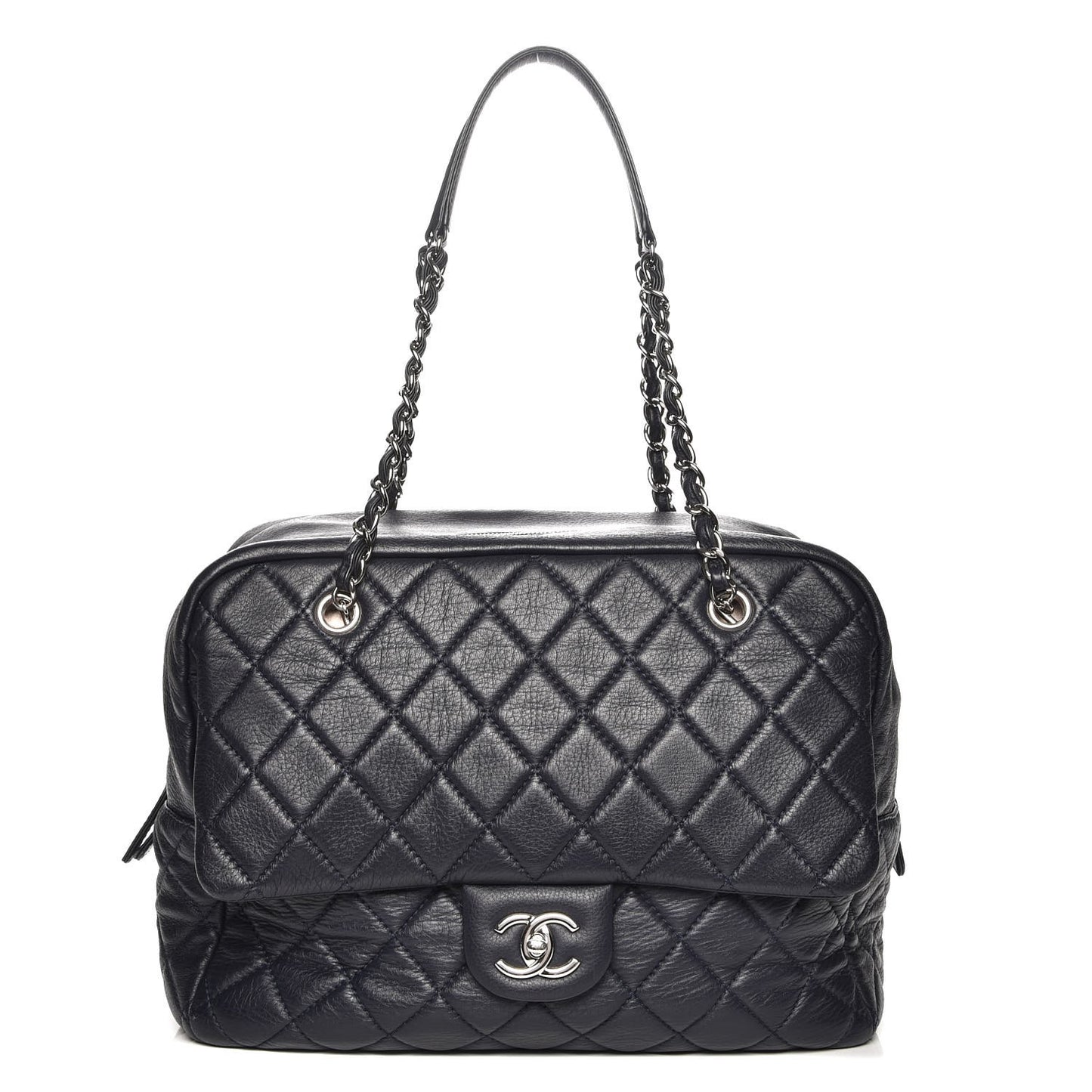 Washed Lambskin Quilted Travel Flap Tote Navy