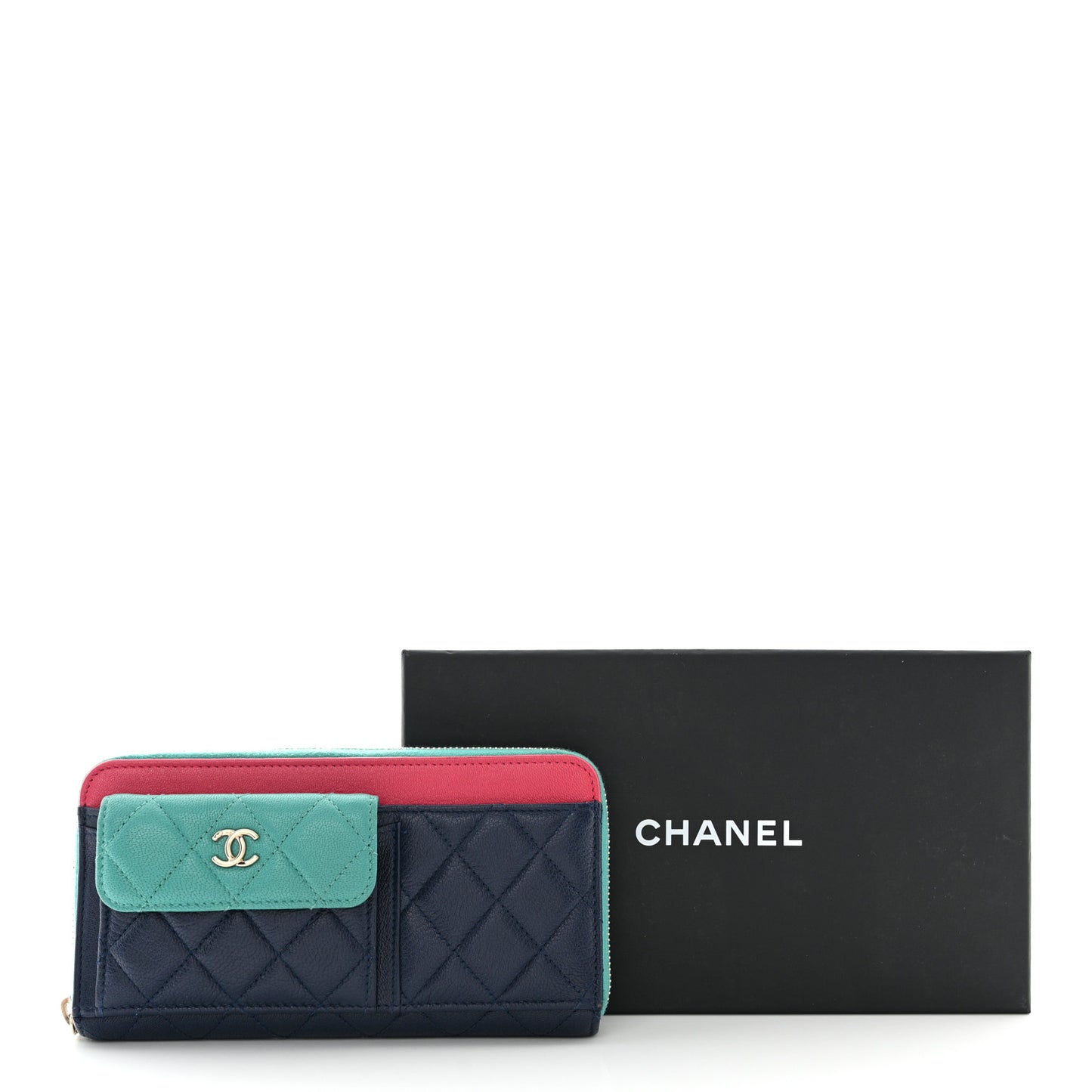 Goatskin Quilted Tri-Color In & Out Zip Around Wallet Navy Turquoise Pink