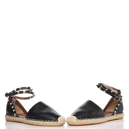 Valentino Garavani Grained Calfskin Rockstud Ankle Wrap Espadrille 20mm Flats 41 Black Light Cuir Natural 5 of 13