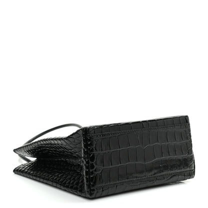 Balenciaga Shiny Calfskin Logo Crocodile Embossed North South Shopper Tote XXS Black White 4 of 8