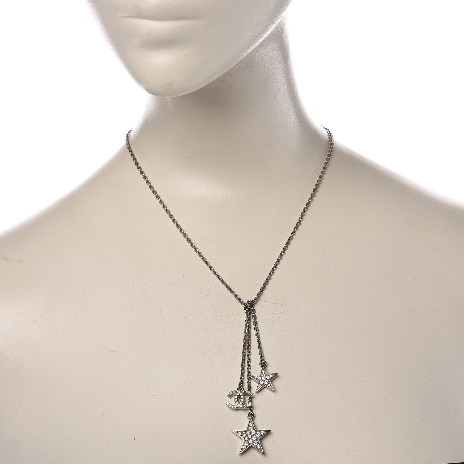 Chanel Crystal Glitter Enamel CC Star Drop Necklace Silver 2 of 4