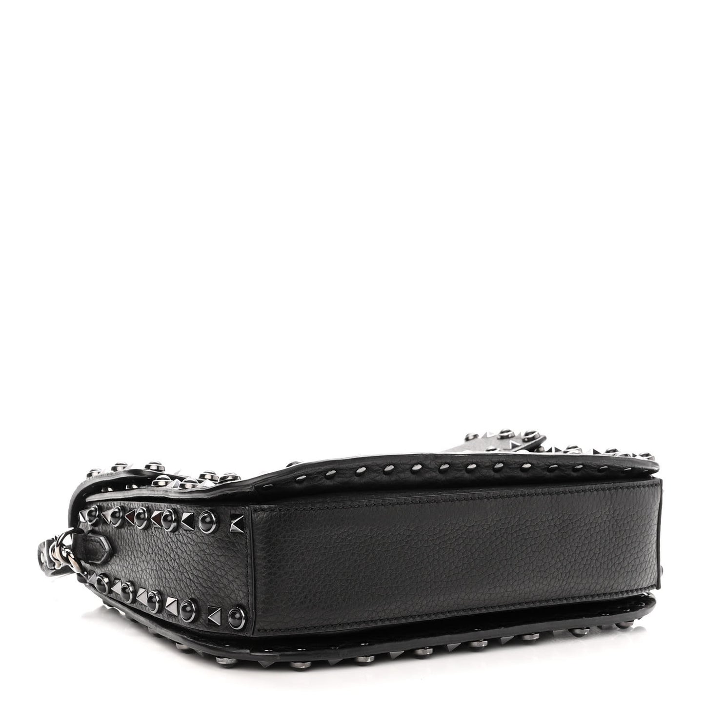 Pebbled Calfskin Onyx Medium Rockstud Rolling Flap Saddle Bag Black