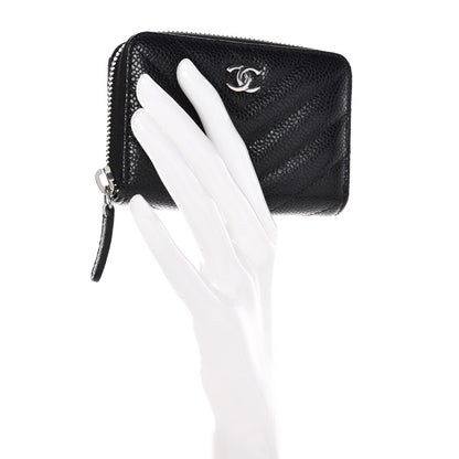 Chanel Caviar Chevron Quilted Zip Coin Purse Black 2 of 9
