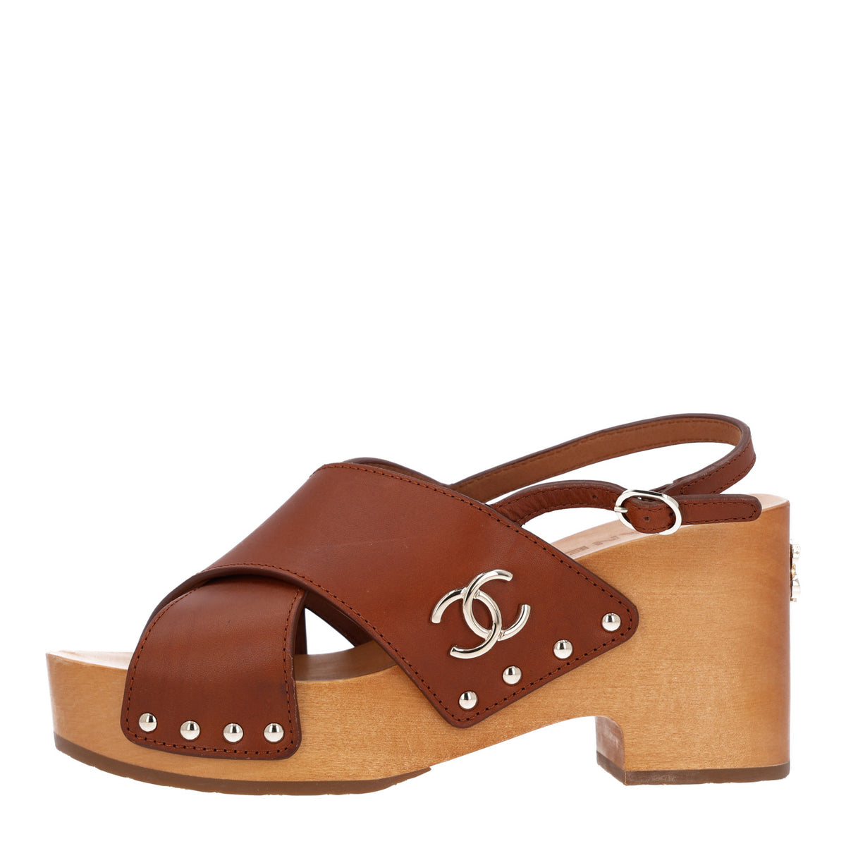 Calfskin Studded Slingback Clog Sandals 38 Dark Brown