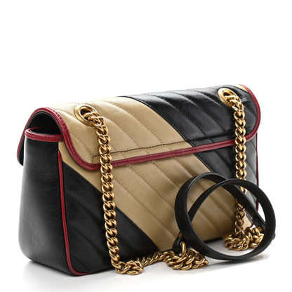 Gucci Vintage Effect Calfskin Matelasse Diagonal Striped Small Torchon GG Marmont Shoulder Bag Black Beige 3 of 10