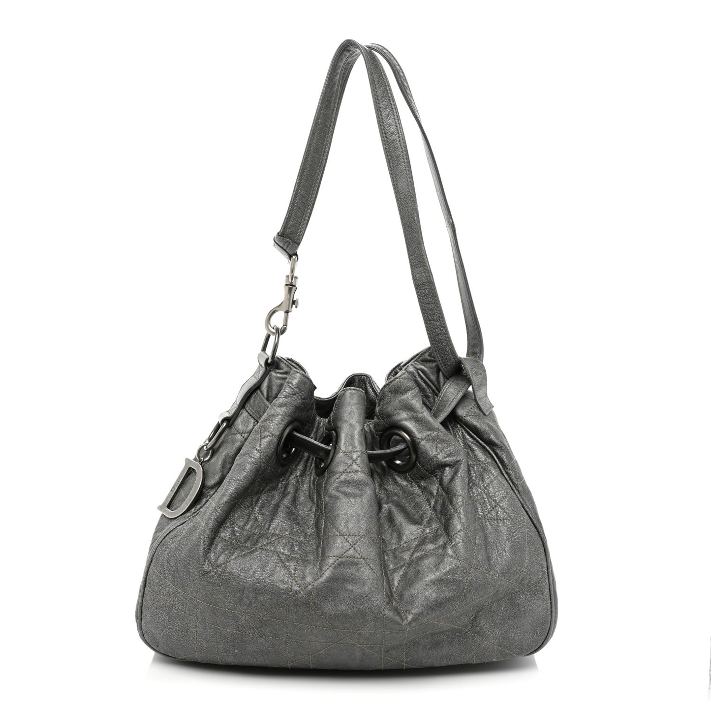 Metallic Lambskin Cannage Drawstring Bag Grey