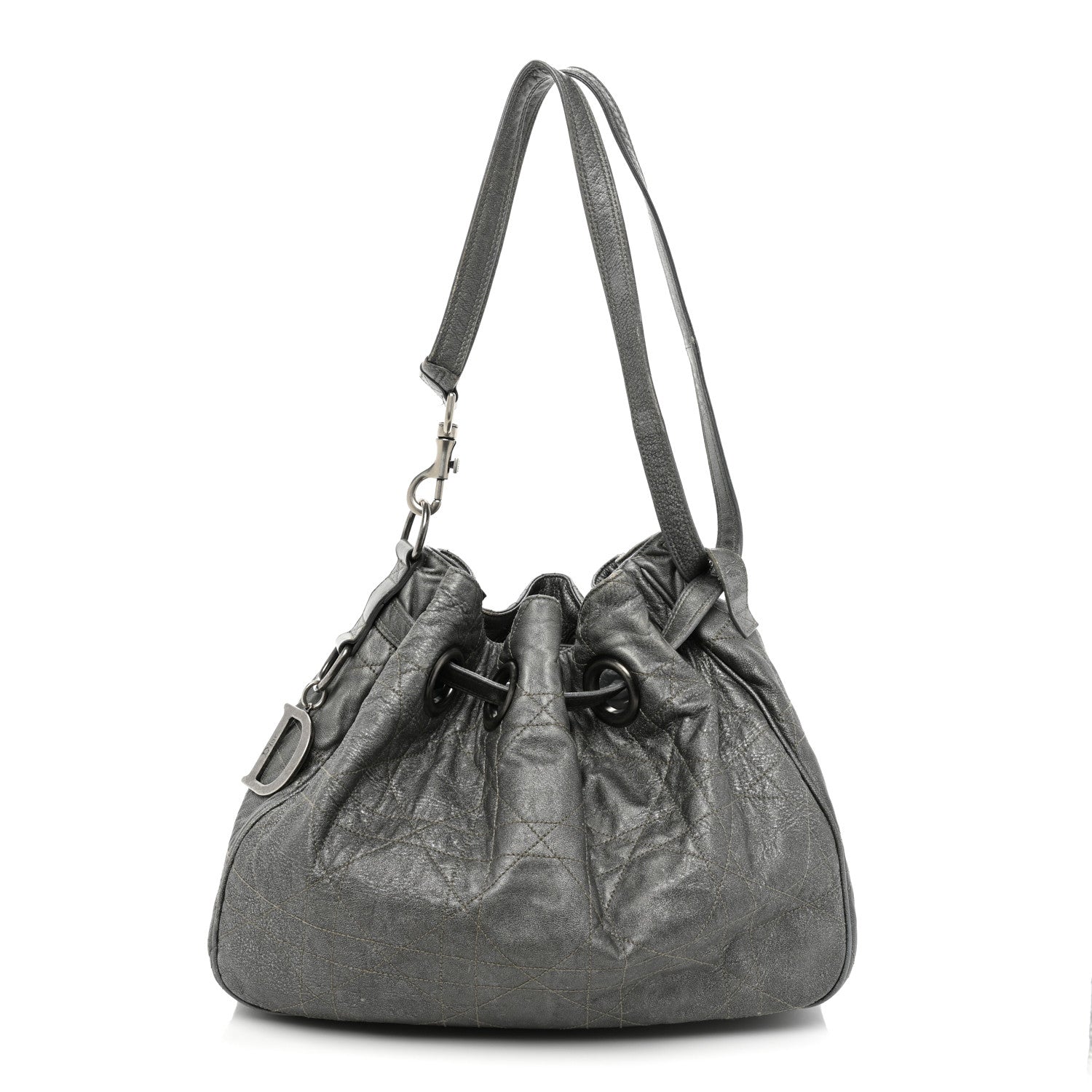 Christian Dior Metallic Lambskin Cannage Drawstring Bag Grey 1 of 21