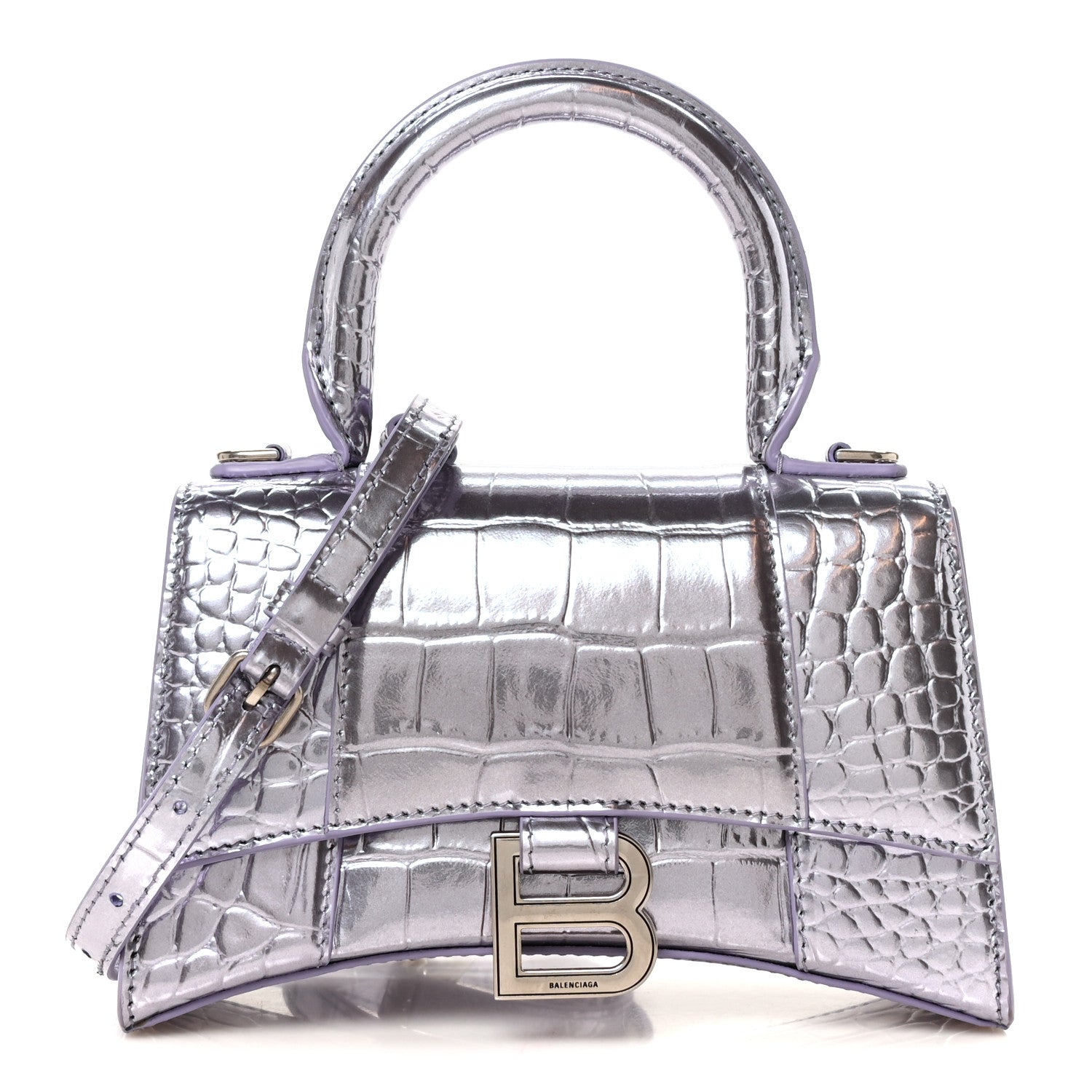 Balenciaga Metallic Calfskin Crocodile Embossed Hourglass Top Handle Bag XS Lilac 1 of 11