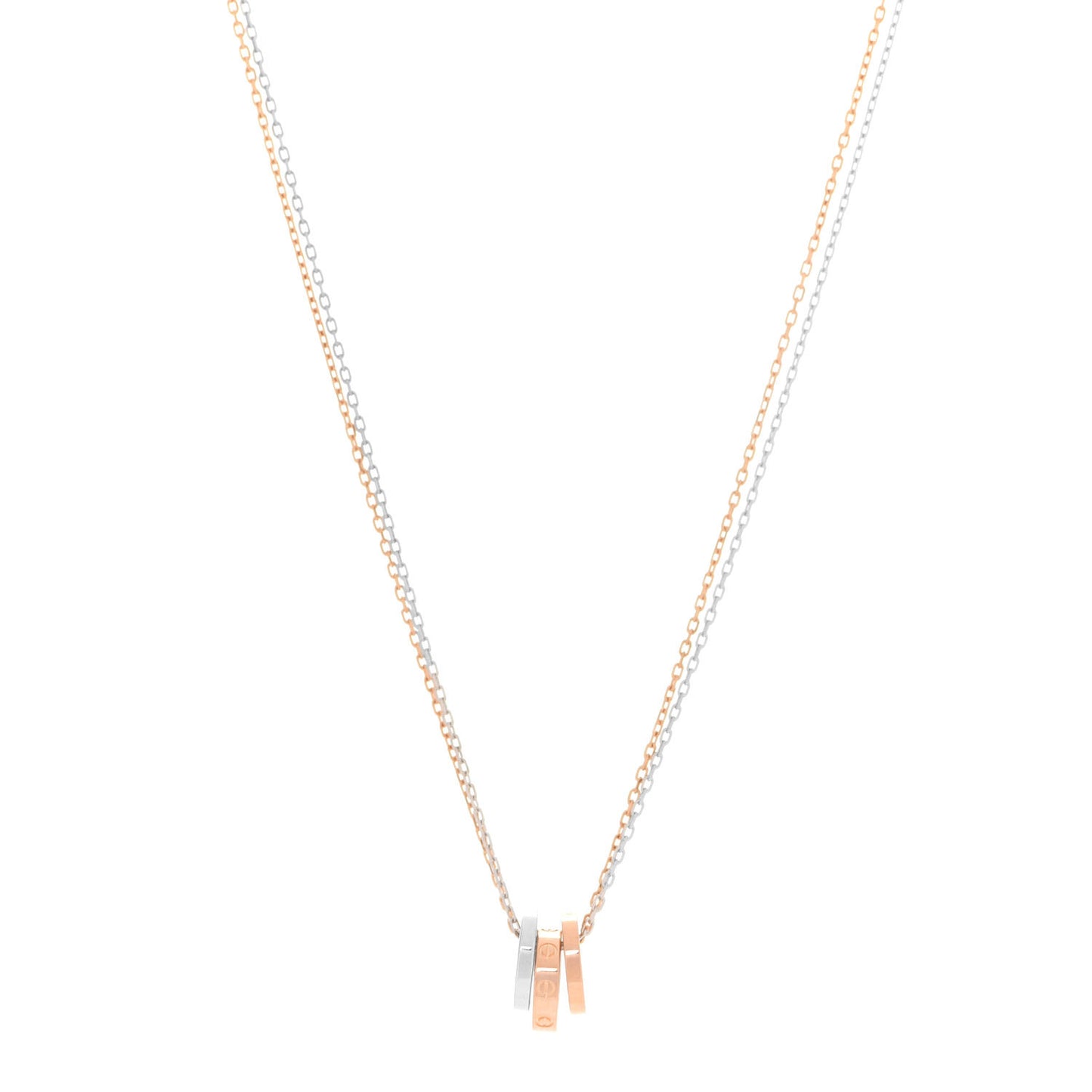 18K White Pink Gold Diamond Three Ring LOVE Pendant Necklace