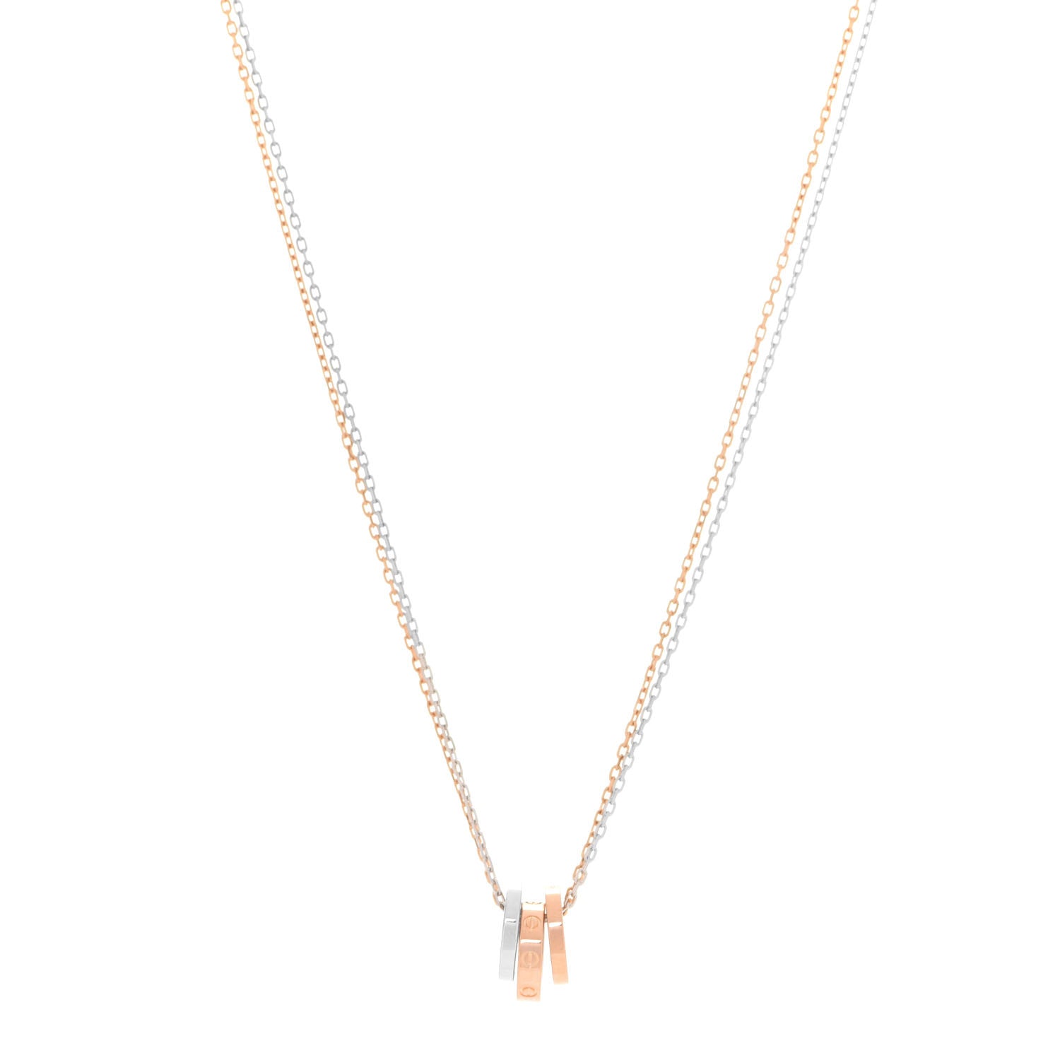 Cartier 18K White Pink Gold Diamond Three Ring LOVE Pendant Necklace 1 of 9