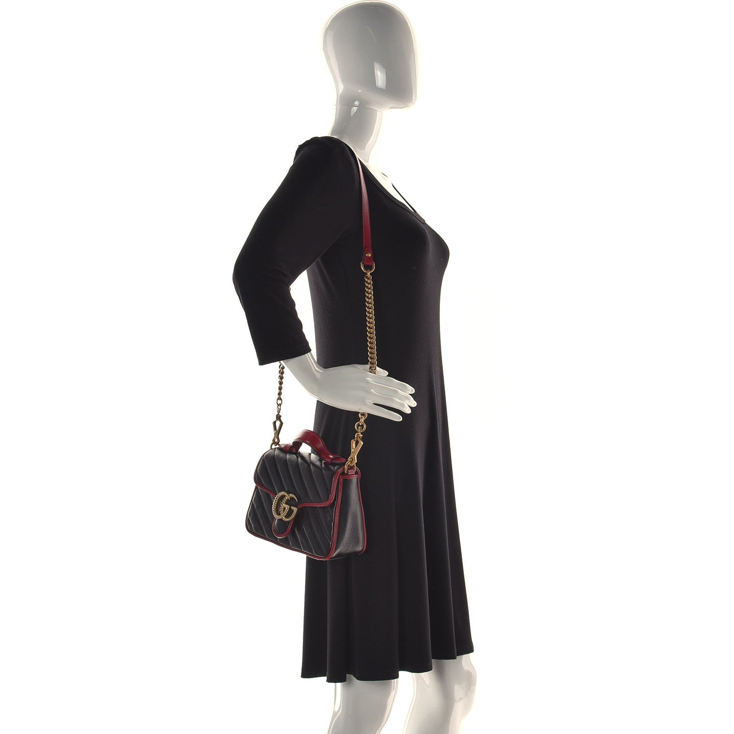 Gucci Vintage Effect Calfskin Matelasse Diagonal Small Torchon GG Marmont Top Handle Shoulder Bag Black Romantic Cherry 2 of 13