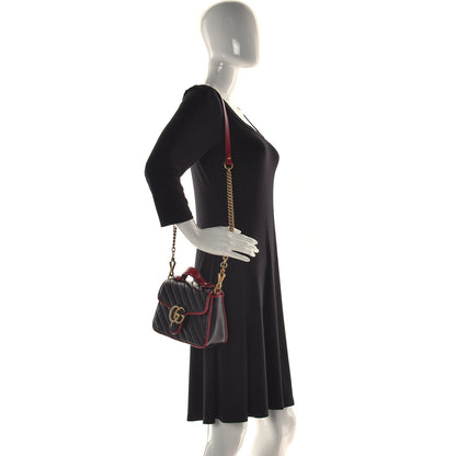 Gucci Vintage Effect Calfskin Matelasse Diagonal Small Torchon GG Marmont Top Handle Shoulder Bag Black Romantic Cherry 2 of 13