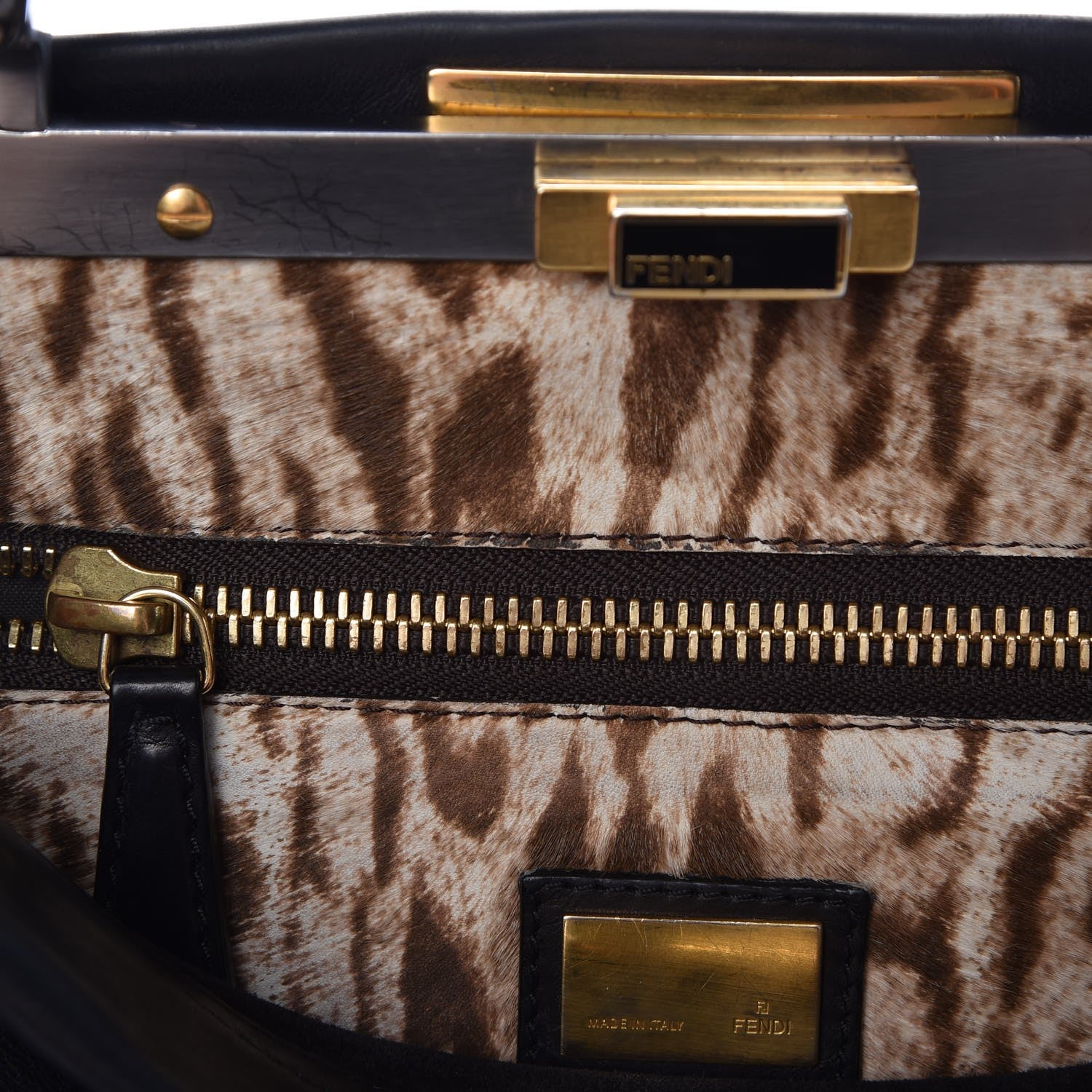 Fendi Calfskin Calf Hair Leopard Print Medium Peekaboo Iconic Satchel Black 9 of 16