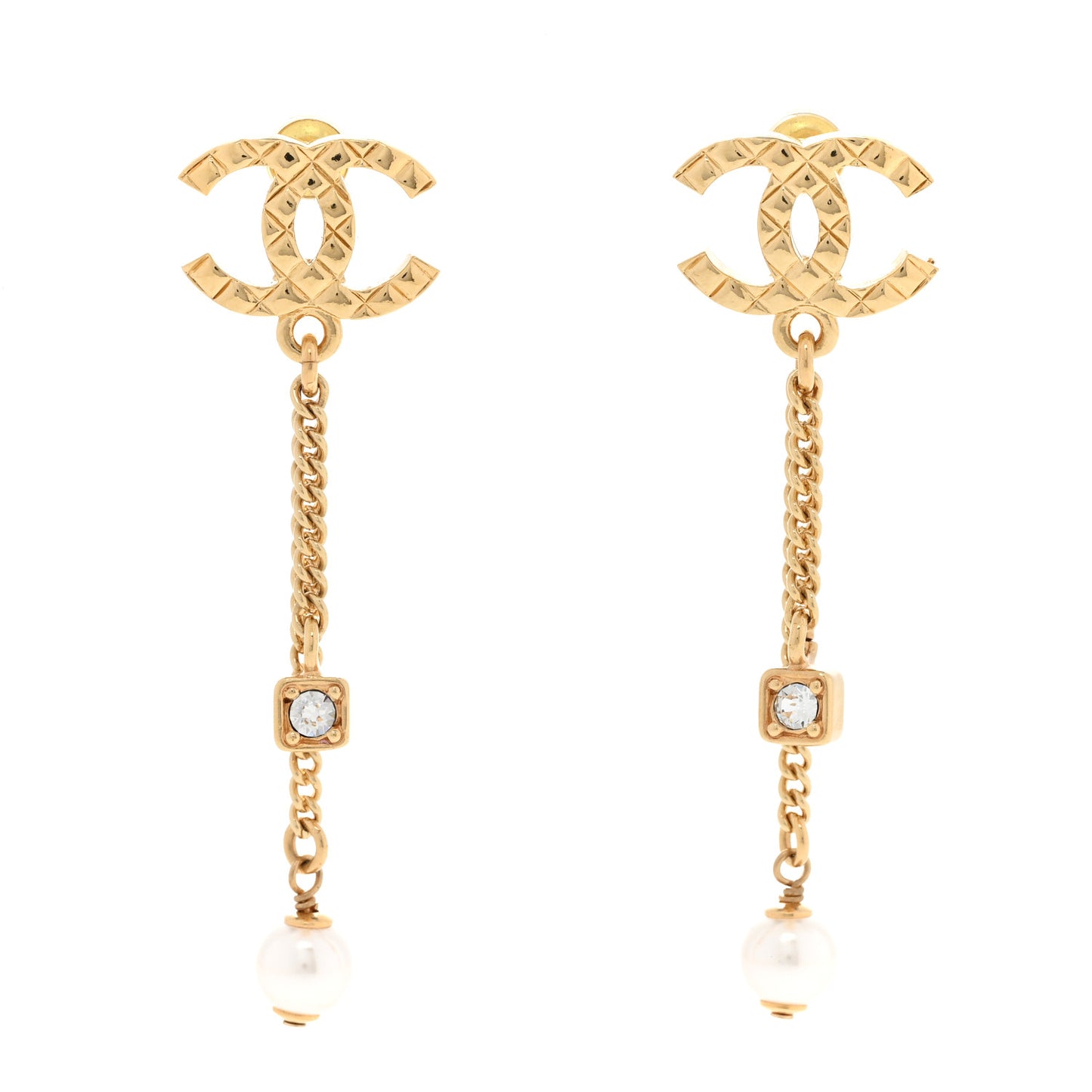 Pearl Crystal CC Chain Drop Earrings Gold