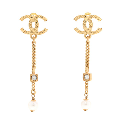 Chanel Pearl Crystal CC Chain Drop Earrings Gold 1 of 5