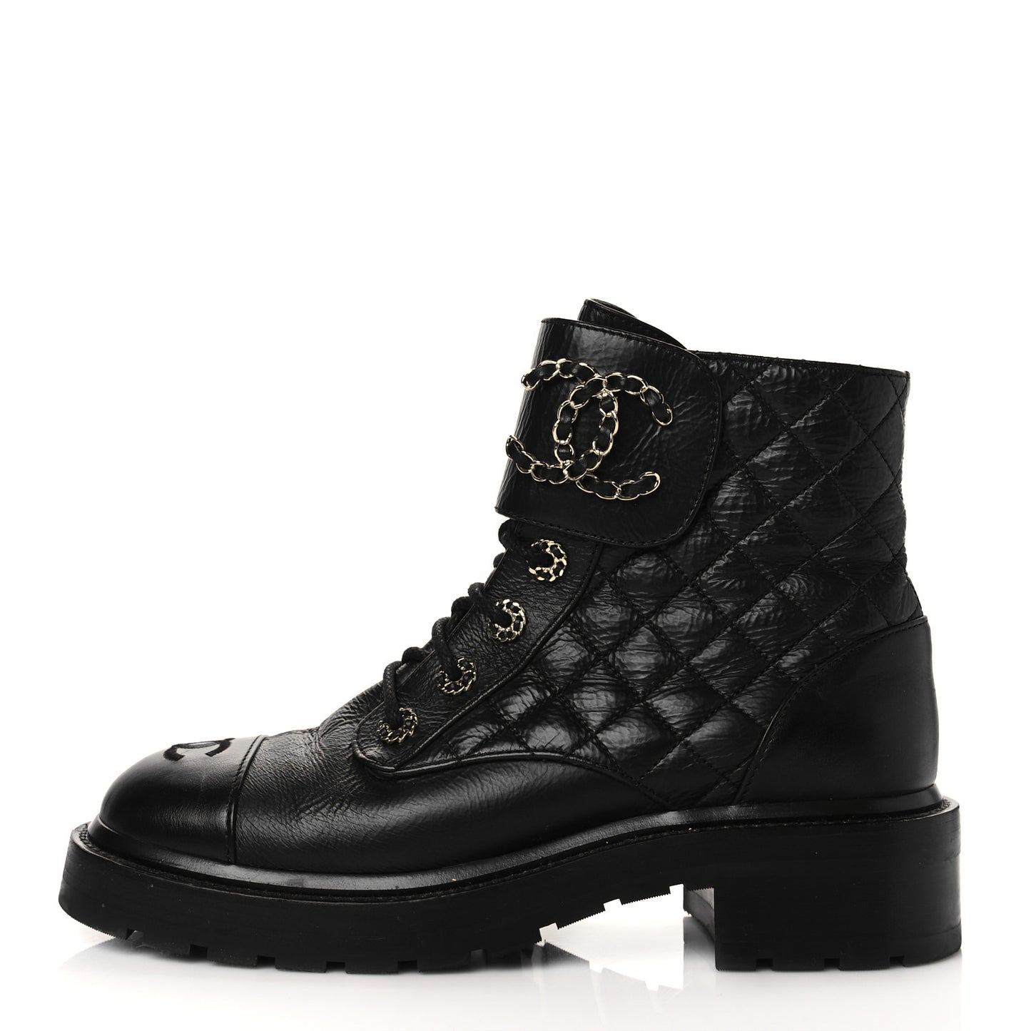 Shiny Goatskin Calfskin Quilted Lace Up Combat Boots 38.5 Black