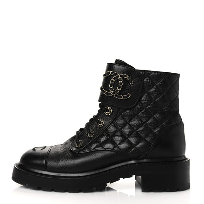 Chanel Shiny Goatskin Calfskin Quilted Lace Up Combat Boots 38.5 Black 1 of 7