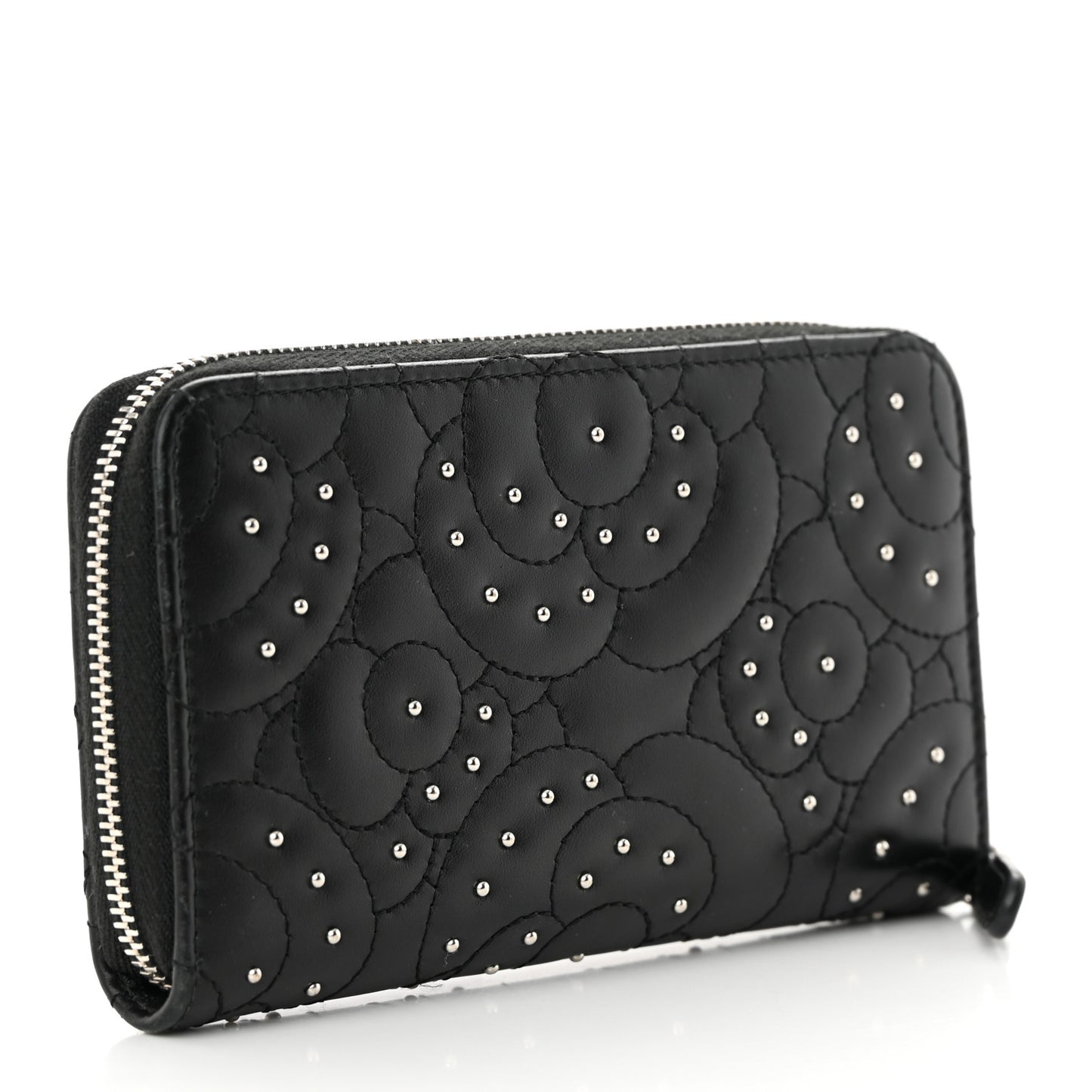 Lambskin Camellia Studded Medium Gusset Zip Around Wallet Black