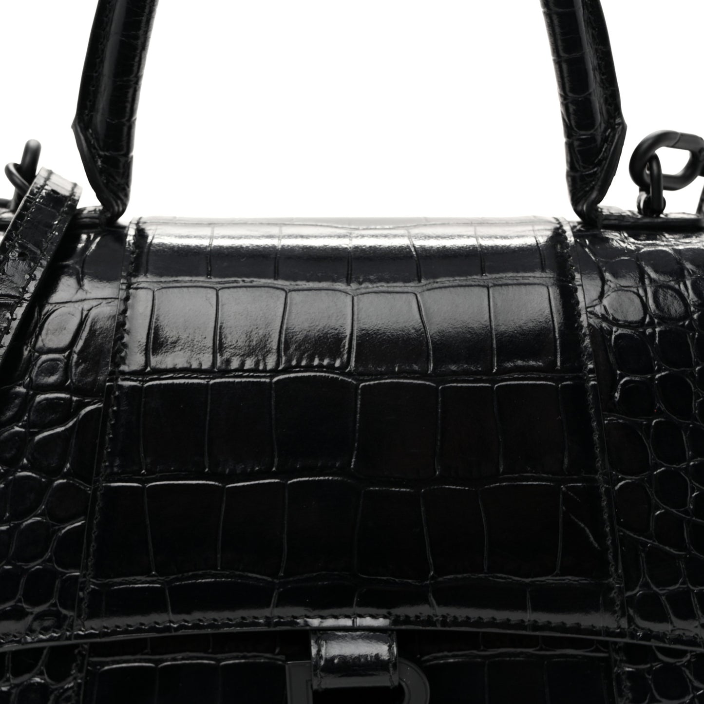 Shiny Calfskin Monochrome Crocodile Embossed Small Hourglass Top Handle Bag Black