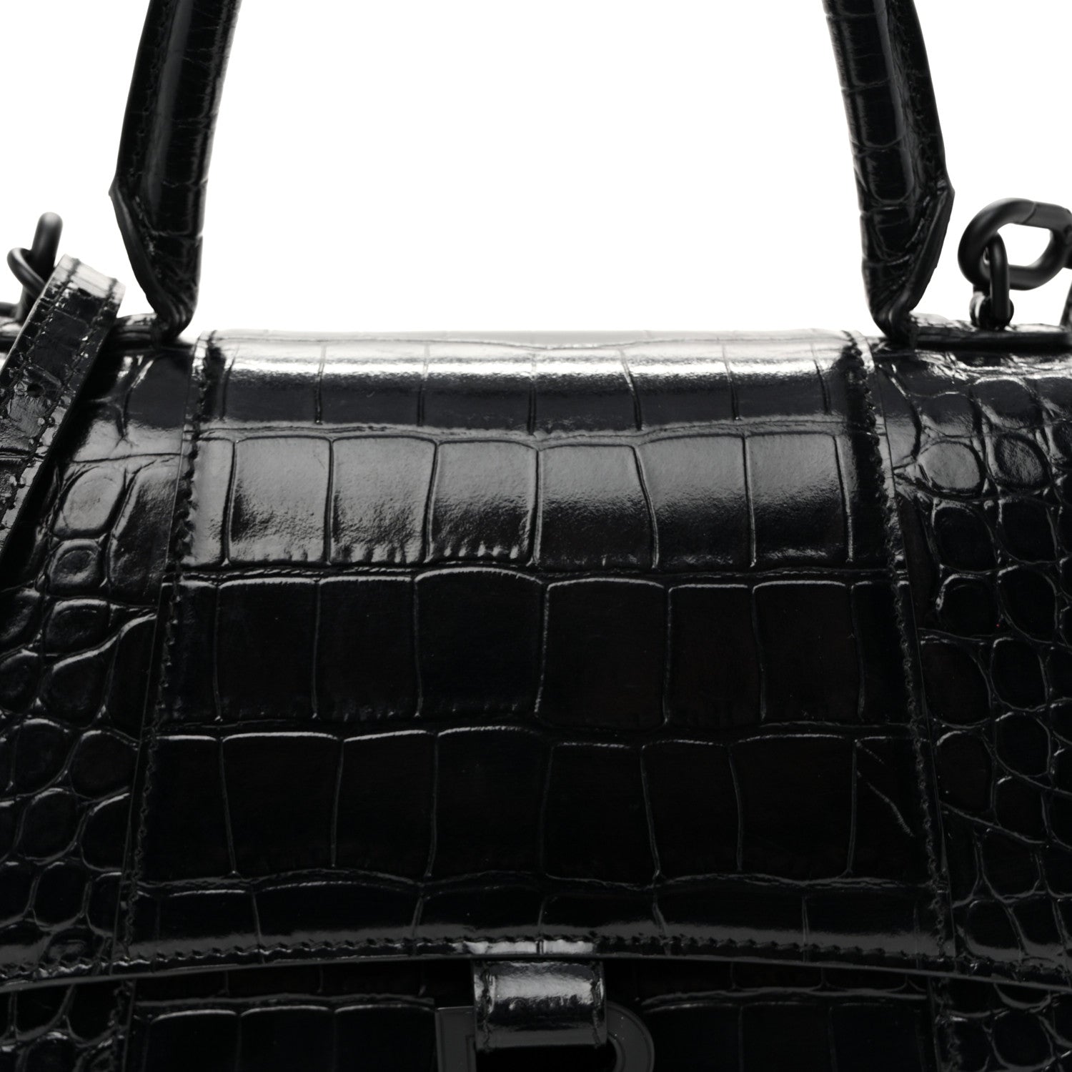 Balenciaga Shiny Calfskin Monochrome Crocodile Embossed Small Hourglass Top Handle Bag Black 7 of 10