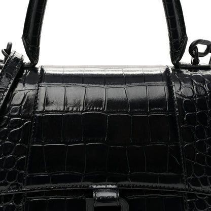 Balenciaga Shiny Calfskin Monochrome Crocodile Embossed Small Hourglass Top Handle Bag Black 7 of 10