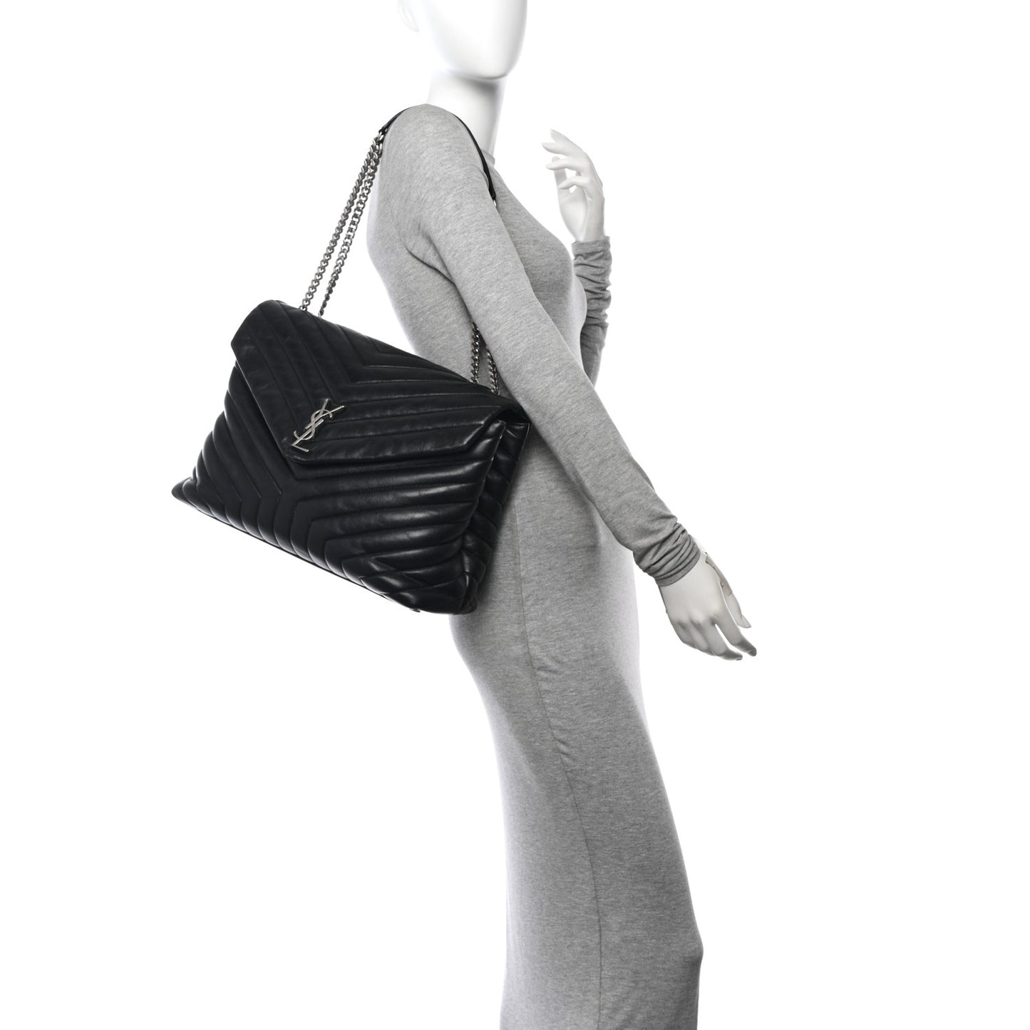 Calfskin Y Quilted Monogram Large Loulou Chain Satchel Black