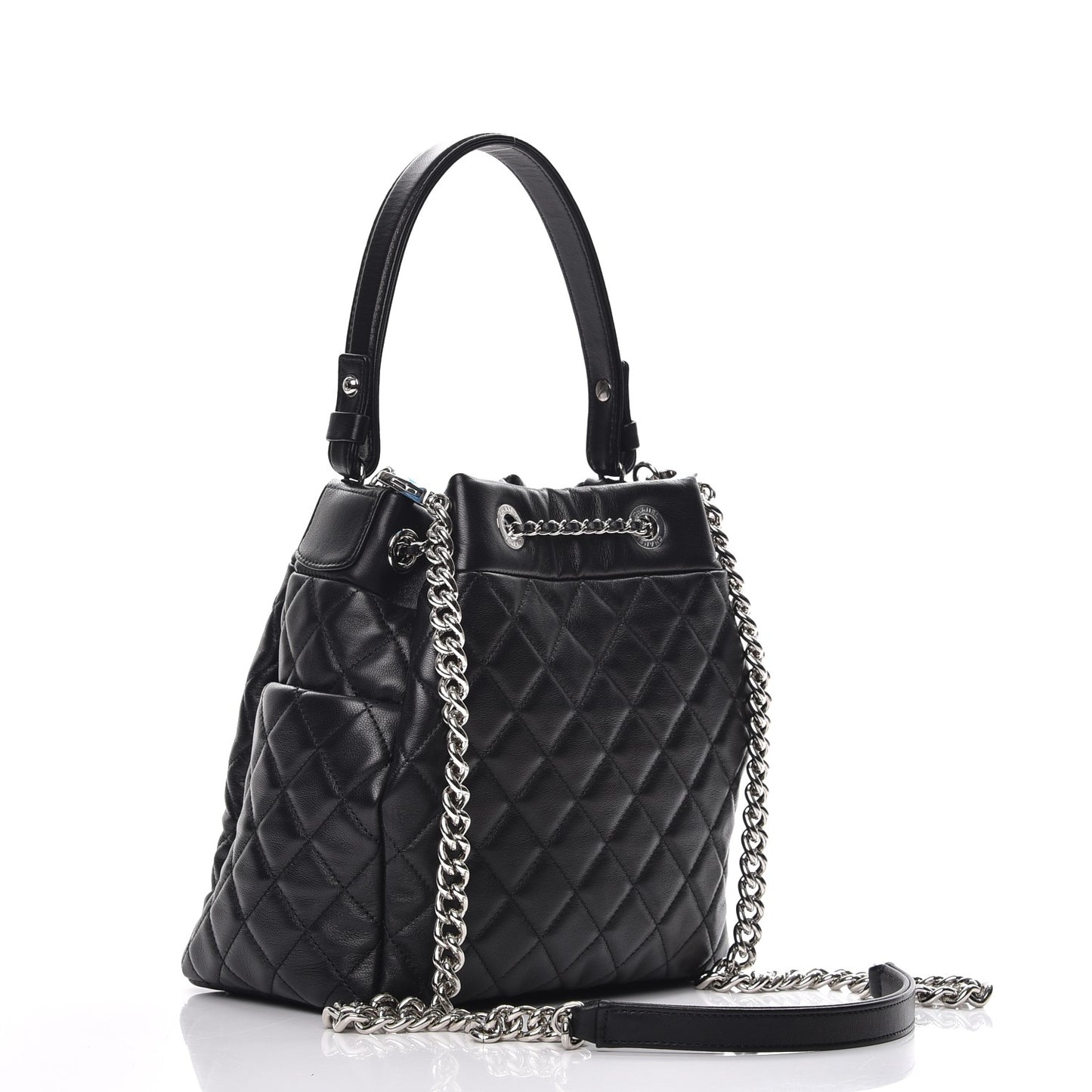 Lambskin Quilted Small Chain Bucket Bag Black