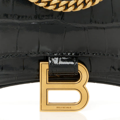 Balenciaga Shiny Calfskin Crocodile Embossed Hourglass Chain Bag Black 9 of 11