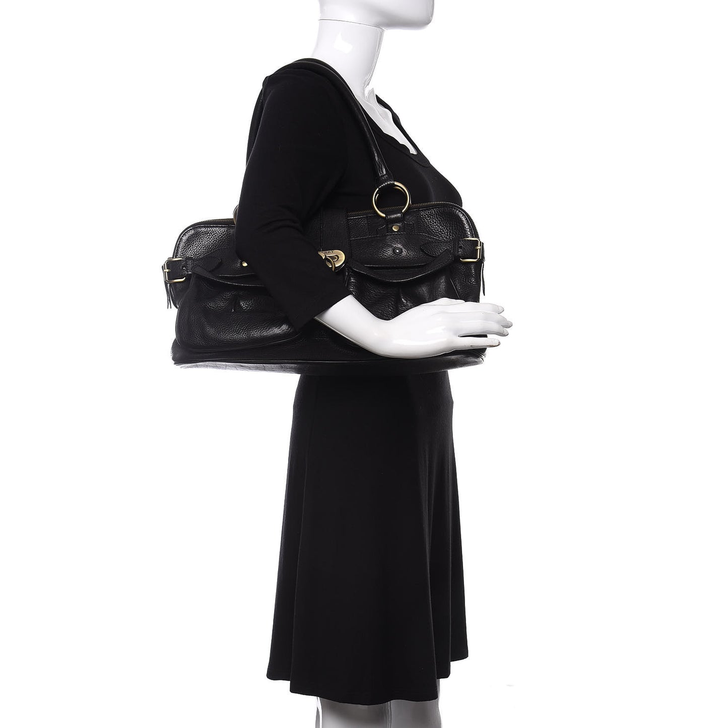 Calfskin Two Front Pocket Satchel Bag Black