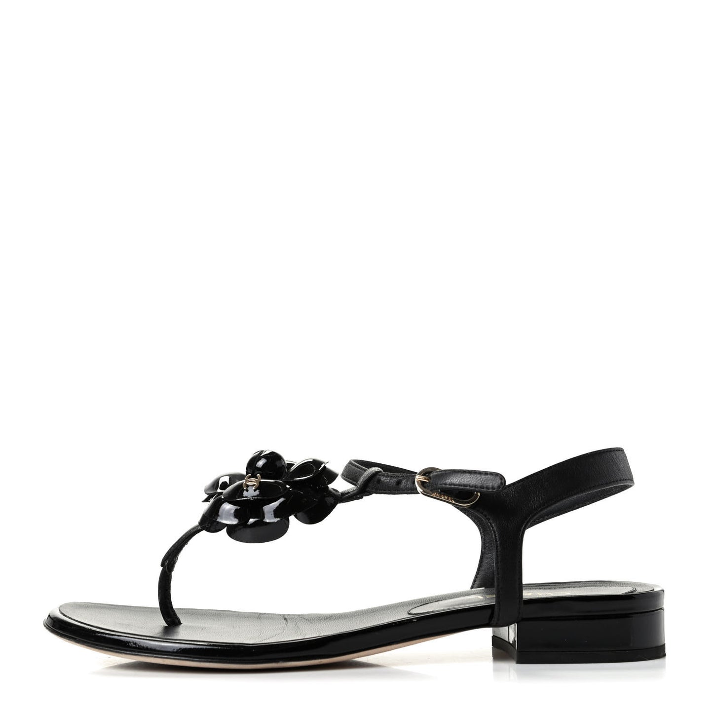 Patent Camellia Thong Sandals 37 Black