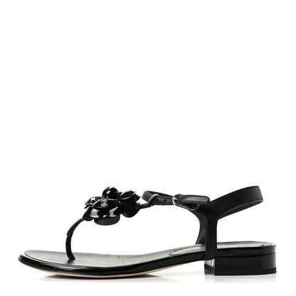 Chanel Patent Camellia Thong Sandals 37 Black 1 of 11