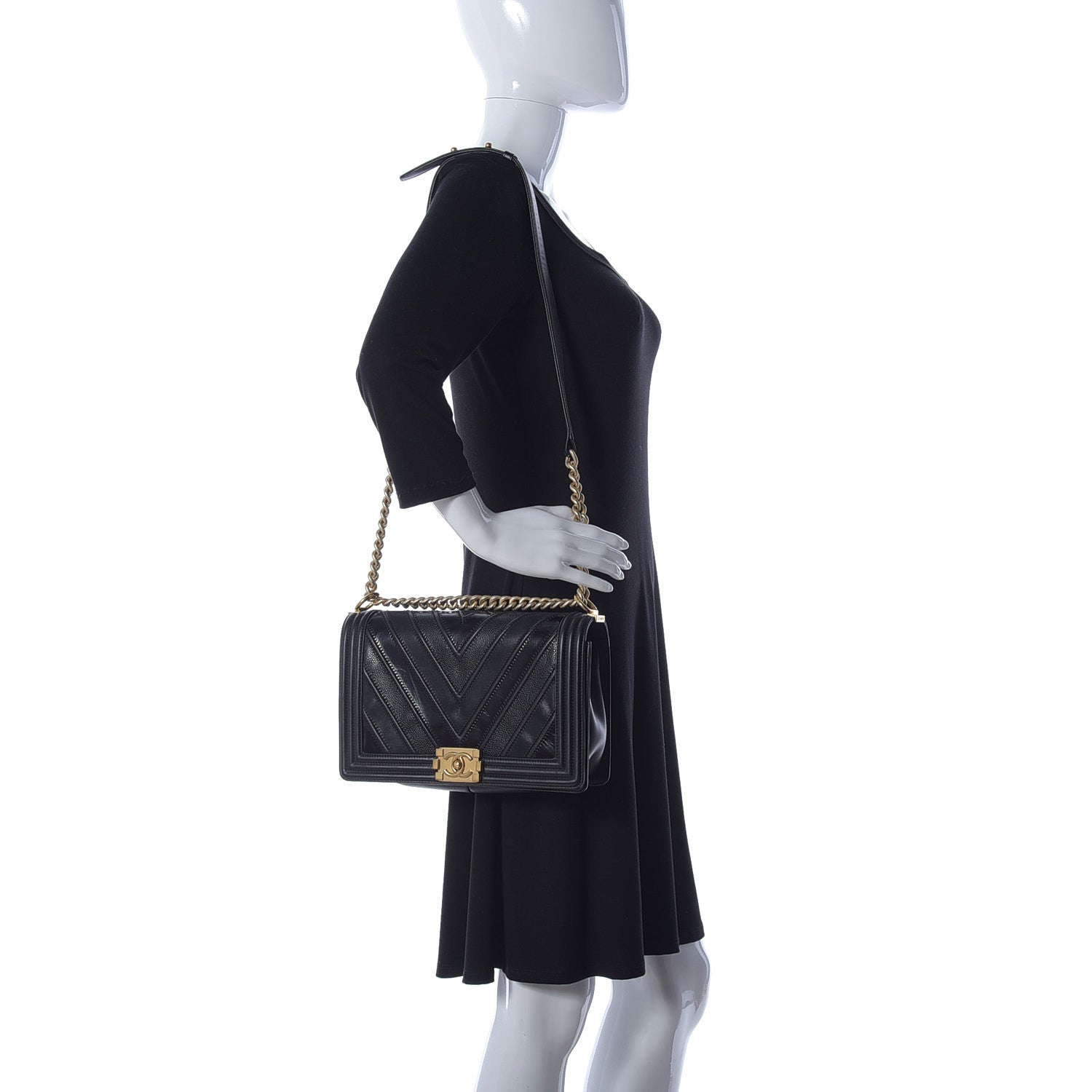 Chanel Calfskin Caviar Suede Chevron New Medium Boy Flap Black 2 of 9